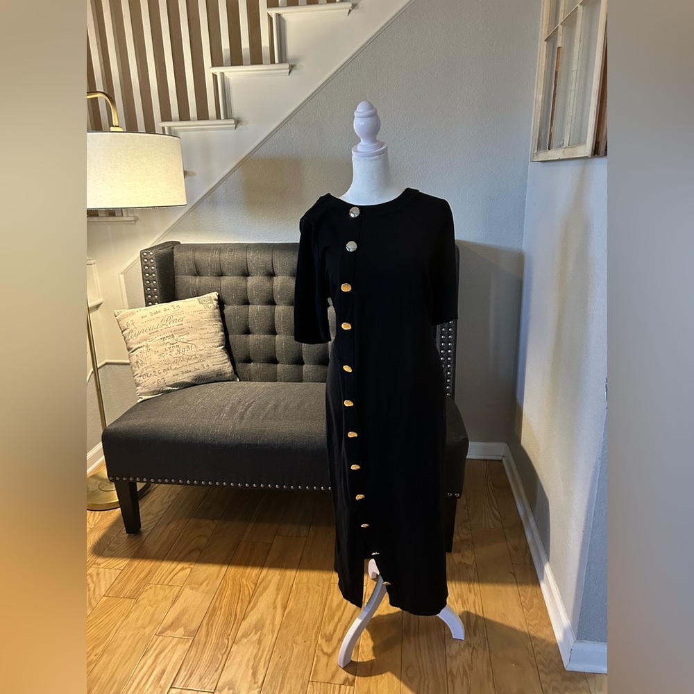 Eloquii Black Midi Dress with Gold Buttons